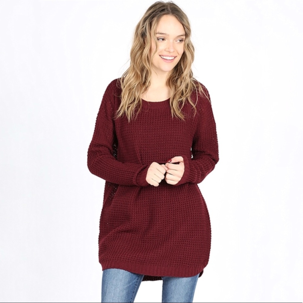 Cement Waffle Knit Round Neck Sweater - Picture 6 of 7